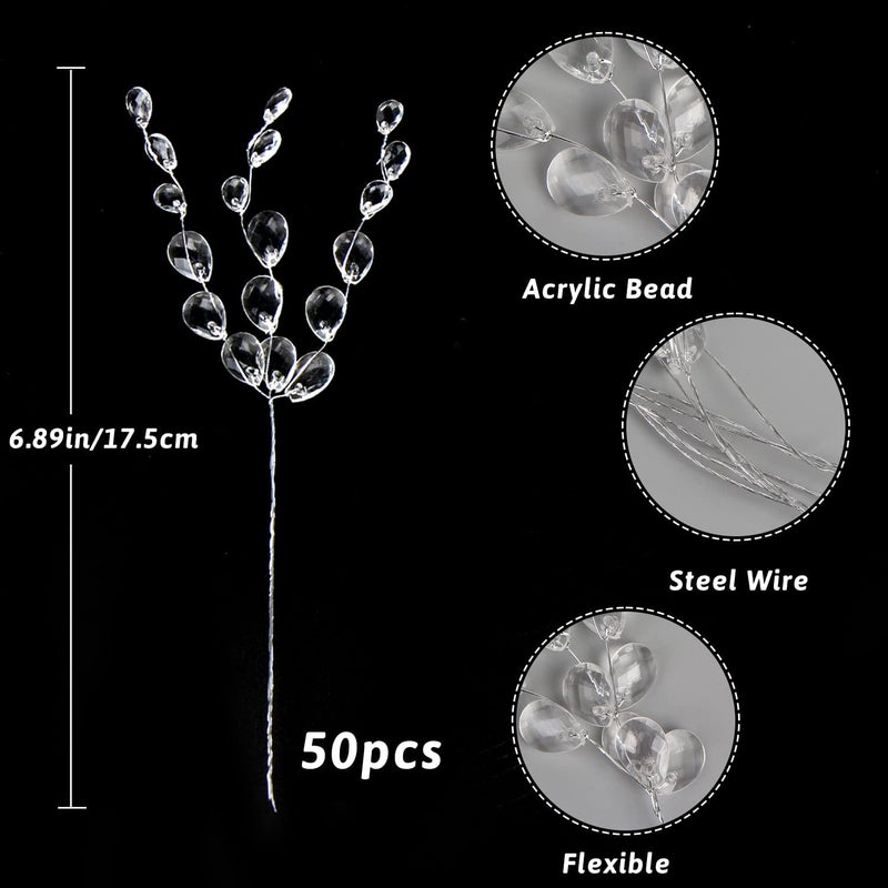FOIMAS 50pcs Acrylic Bead Drop Stems Flower Bouquet Crystal Bud Branches Flower Twig Pick for Wedding Home Decoration Floral Decor Craft Supply - Image 2